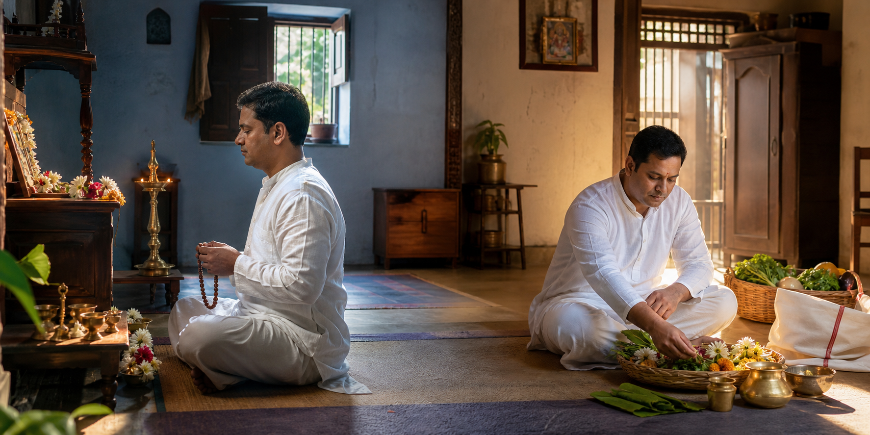 A worshipper prays with beads in early morning light and later arranges offerings in the same home.