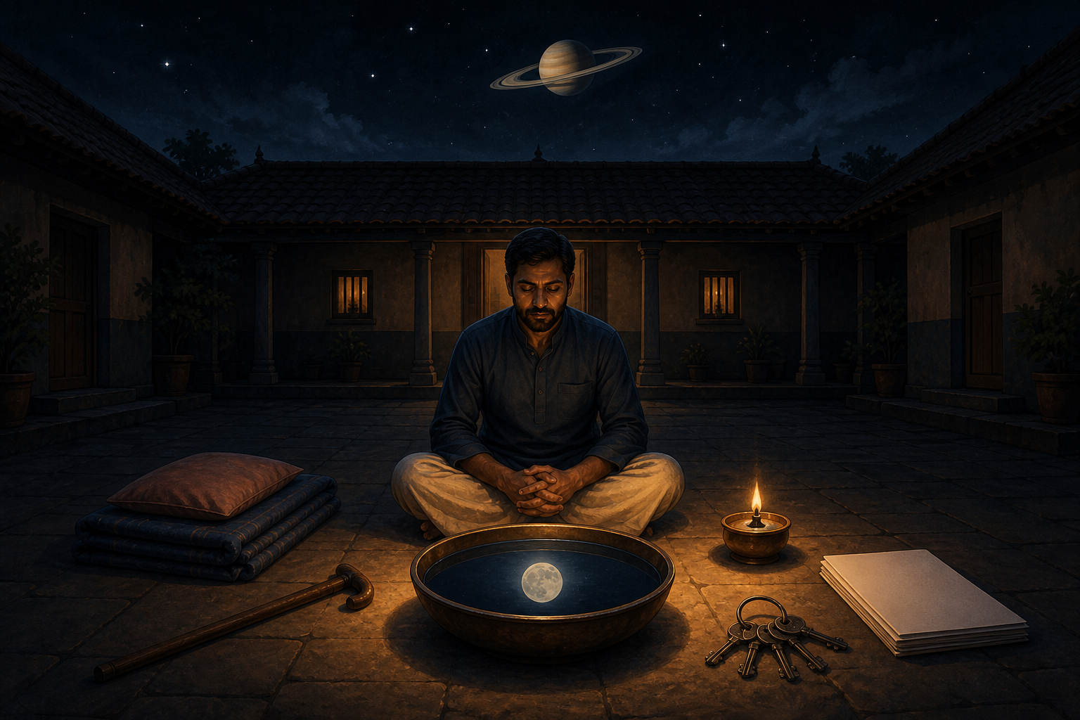 A person sits in a lamplit courtyard before a still bowl reflecting the Moon, surrounded by household keys, folded fabric, blank documents, and a walking stick.