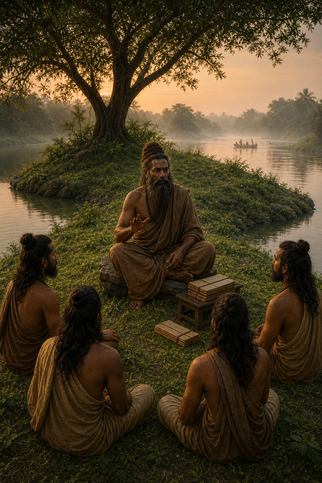 The dark-complexioned sage Vyasa teaches four seated disciples on a river island, with blank palm-leaf bundles beside him and a distant ferry in the mist.