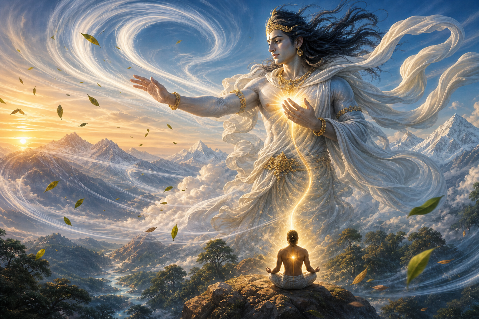 Vayu Bhagavan stands above a Himalayan valley as wind moves through clouds and trees and a warm glow gathers around a seated person's heart.