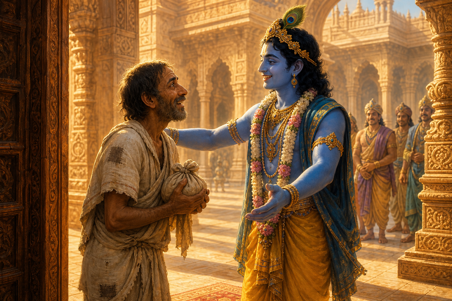 Krishna steps forward to warmly welcome the travel-worn Sudama, who carries a small cloth bundle at the entrance to a palace in Dvaraka.