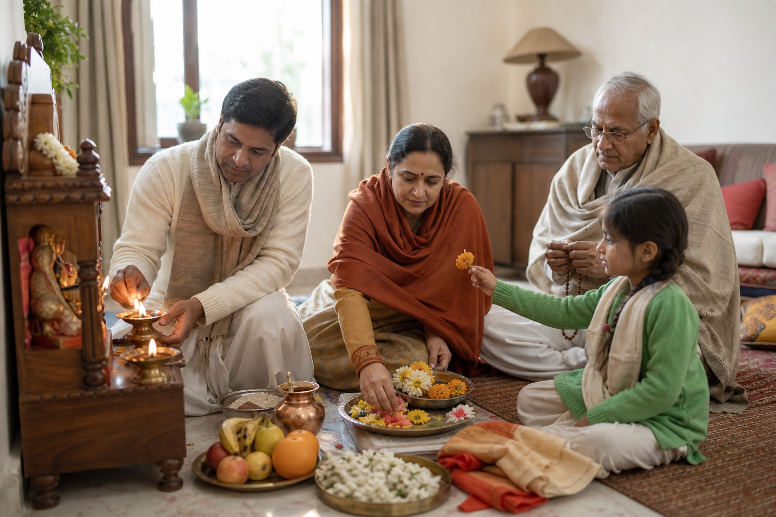 A multigenerational family lights a lamp and arranges flowers for a simple puja at home.