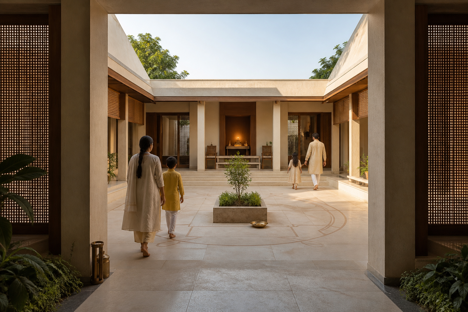 A contemporary Indian home with a sunlit central courtyard, geometric stone paving, timber screens, a tulsi planter, and a small prayer alcove.