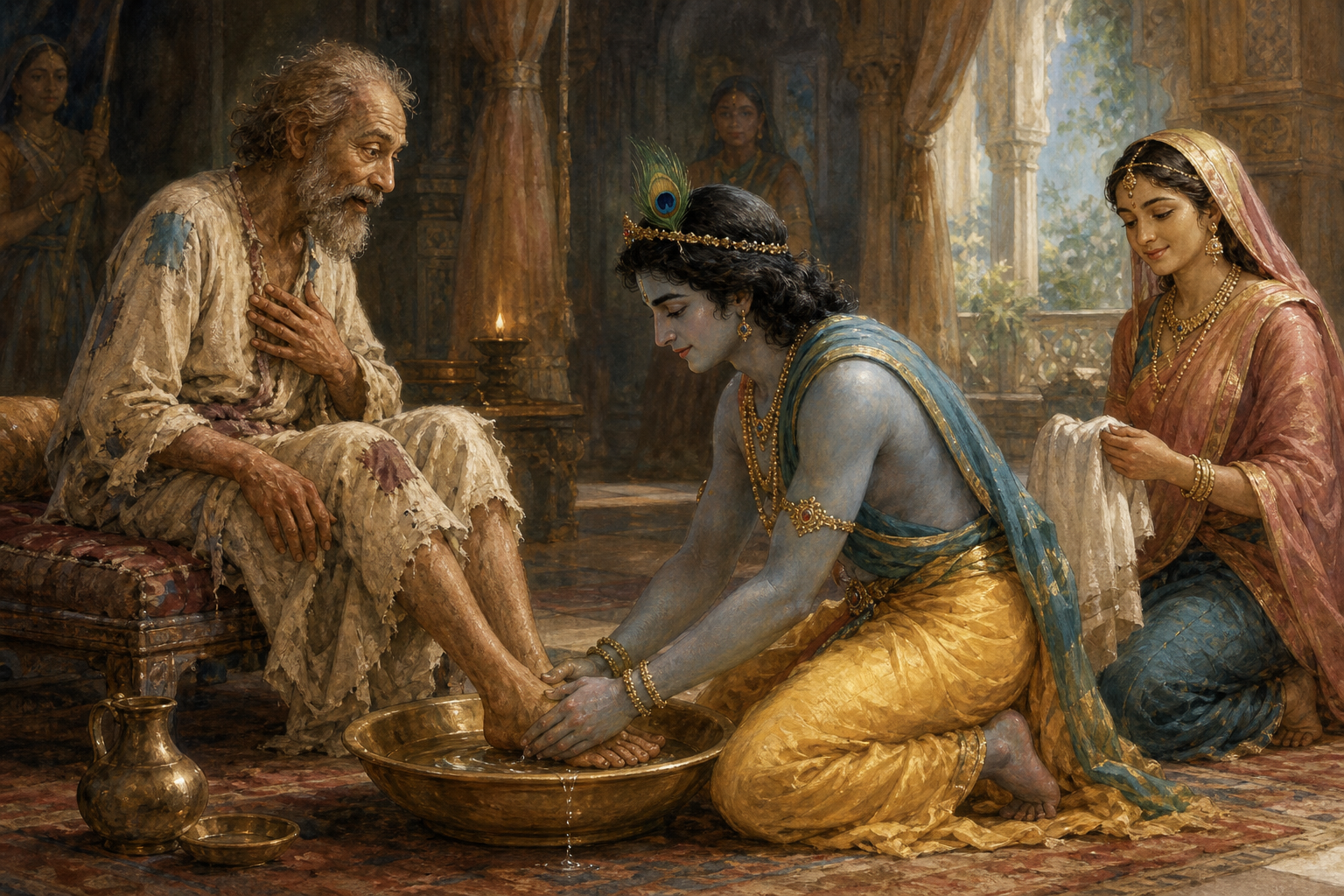 Krishna kneels beside a bronze basin to wash Sudama's dusty feet as Sudama sits inside the palace and Rukmini holds a cloth nearby.