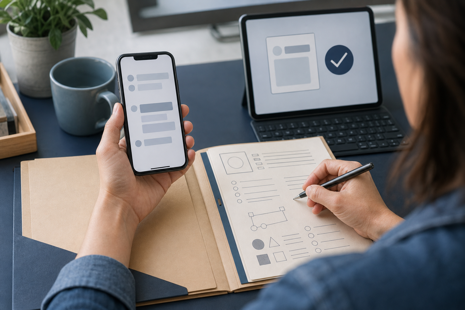 A person documents an unreadable social media comment using a smartphone, a second device, and a private evidence folder.