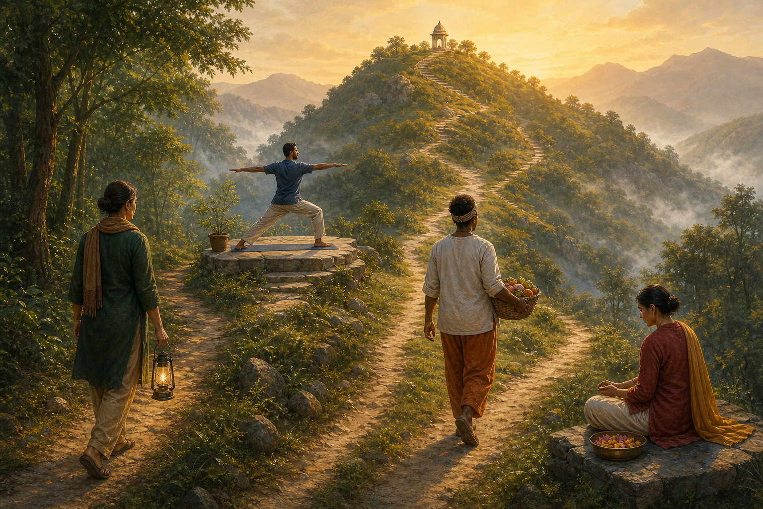Four people follow different paths toward the same sunlit hilltop, practicing reflection, disciplined posture, service, and quiet devotion.