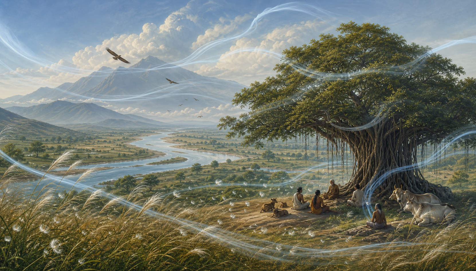 Wind moves clouds, birds, seeds, grasses, and water across a river valley while people and animals rest beneath a banyan tree.