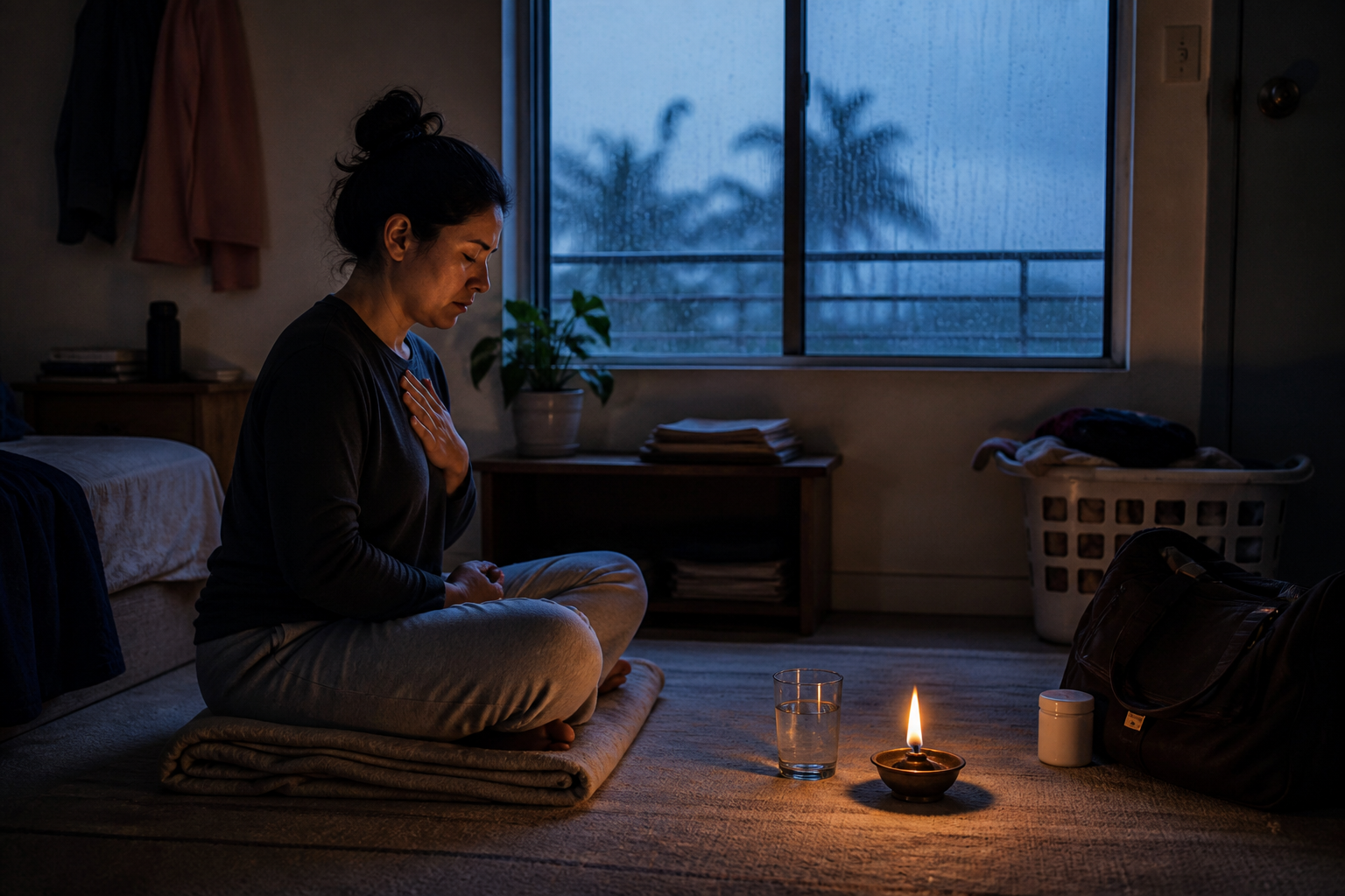 A tired person sits quietly on a folded blanket before sunrise in a modest room with a work bag, laundry, water, and a small lamp nearby.