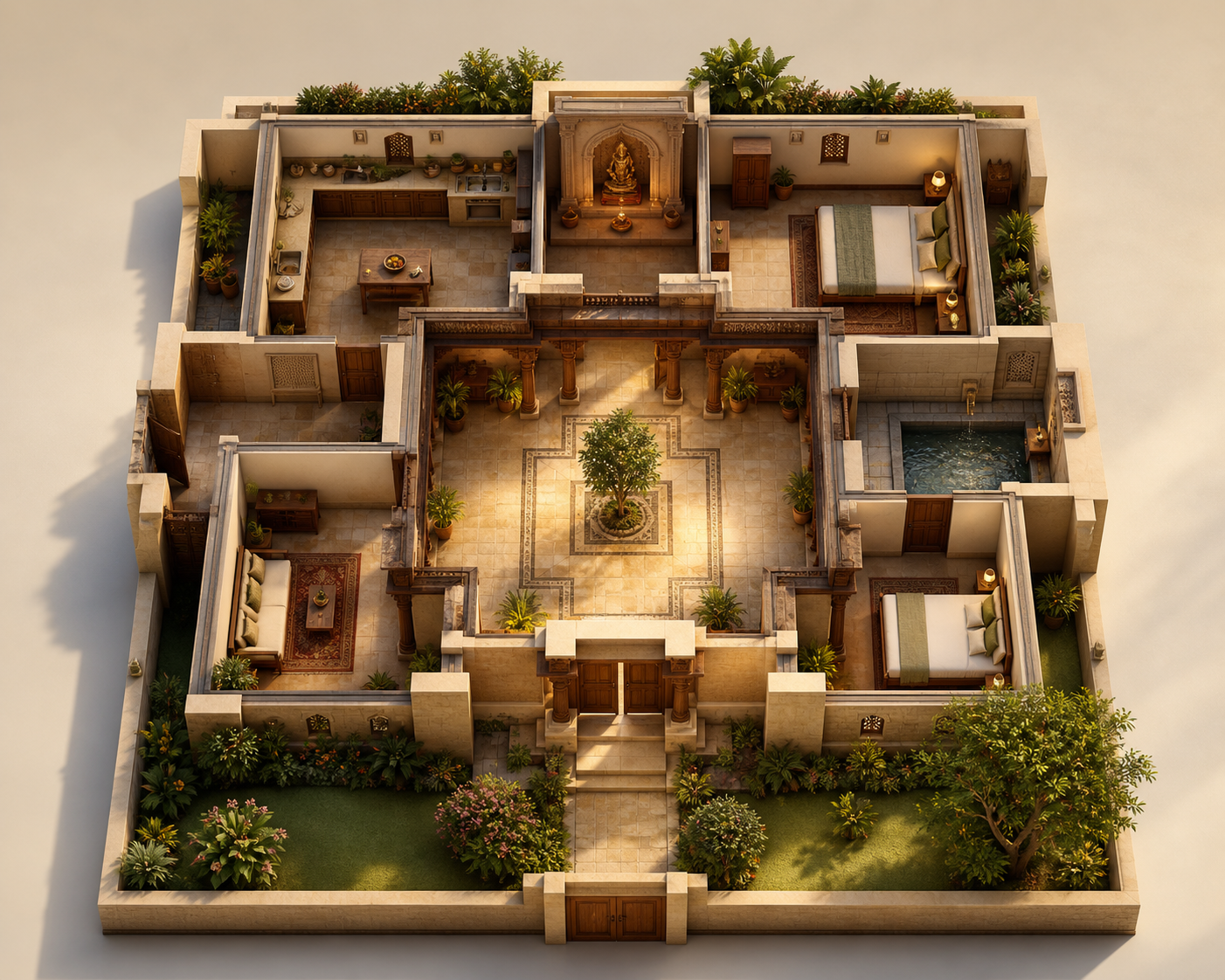 An overhead architectural model of a square courtyard home arranged in a balanced grid with rooms surrounding an open central space.