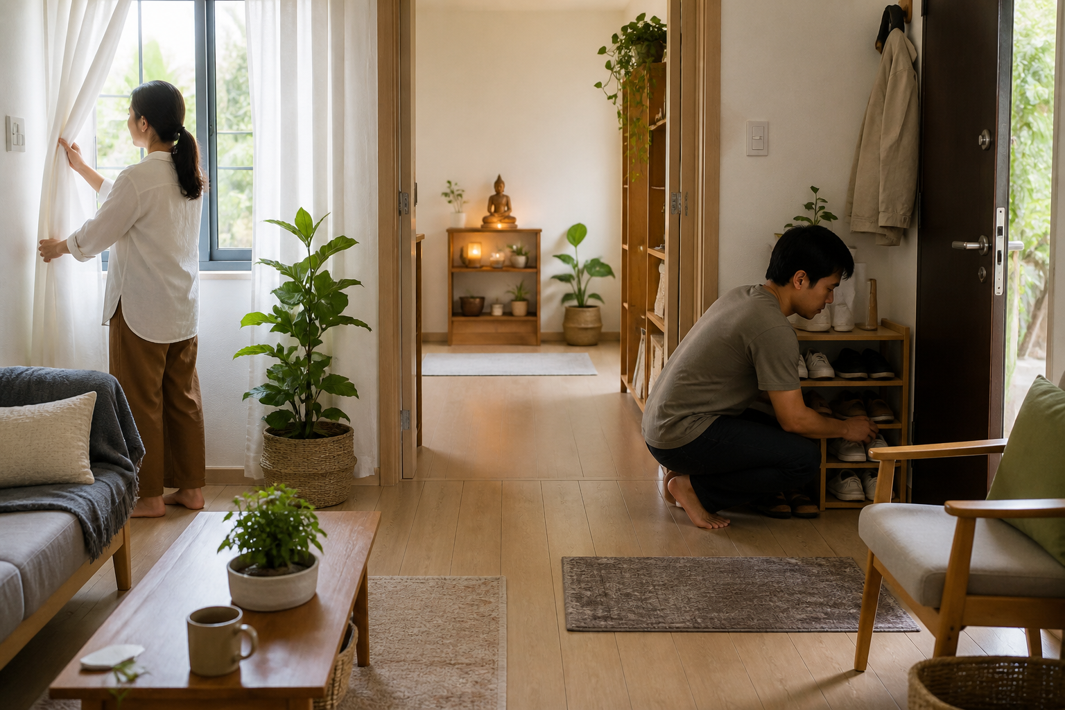Two residents tidy an entrance, open curtains, and rearrange simple furniture to create a clear, sunlit path through their home.