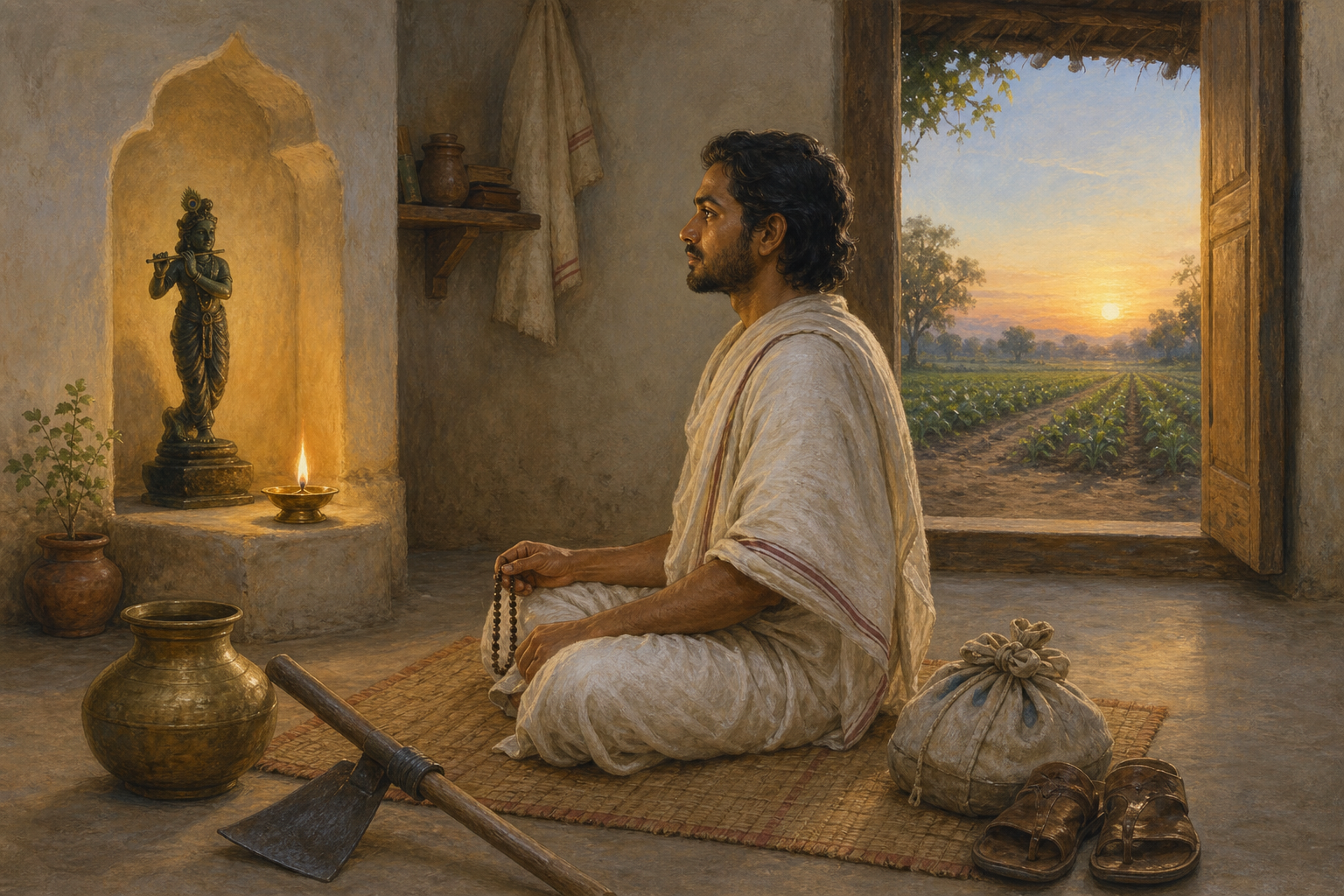 A householder prays beside an oil lamp at a small Krishna shrine, with work tools, sandals, and a food bundle prepared near the sunlit doorway.
