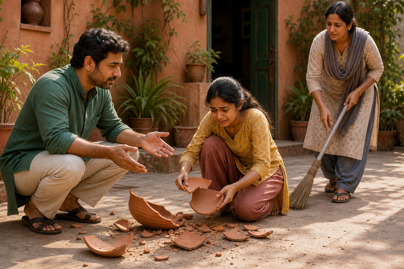 Two adults calmly help a distressed younger family member clean up a broken clay pot in a sunlit courtyard.