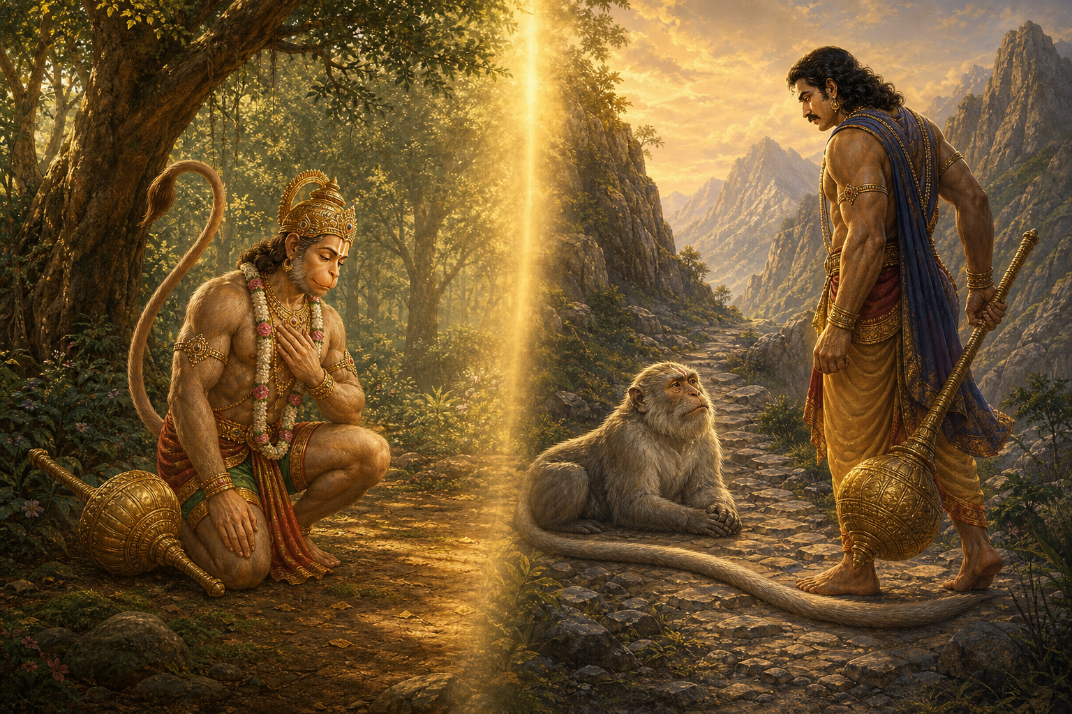 Hanuman kneels humbly in a forest while Bhima pauses before an elderly monkey whose tail crosses a mountain path.