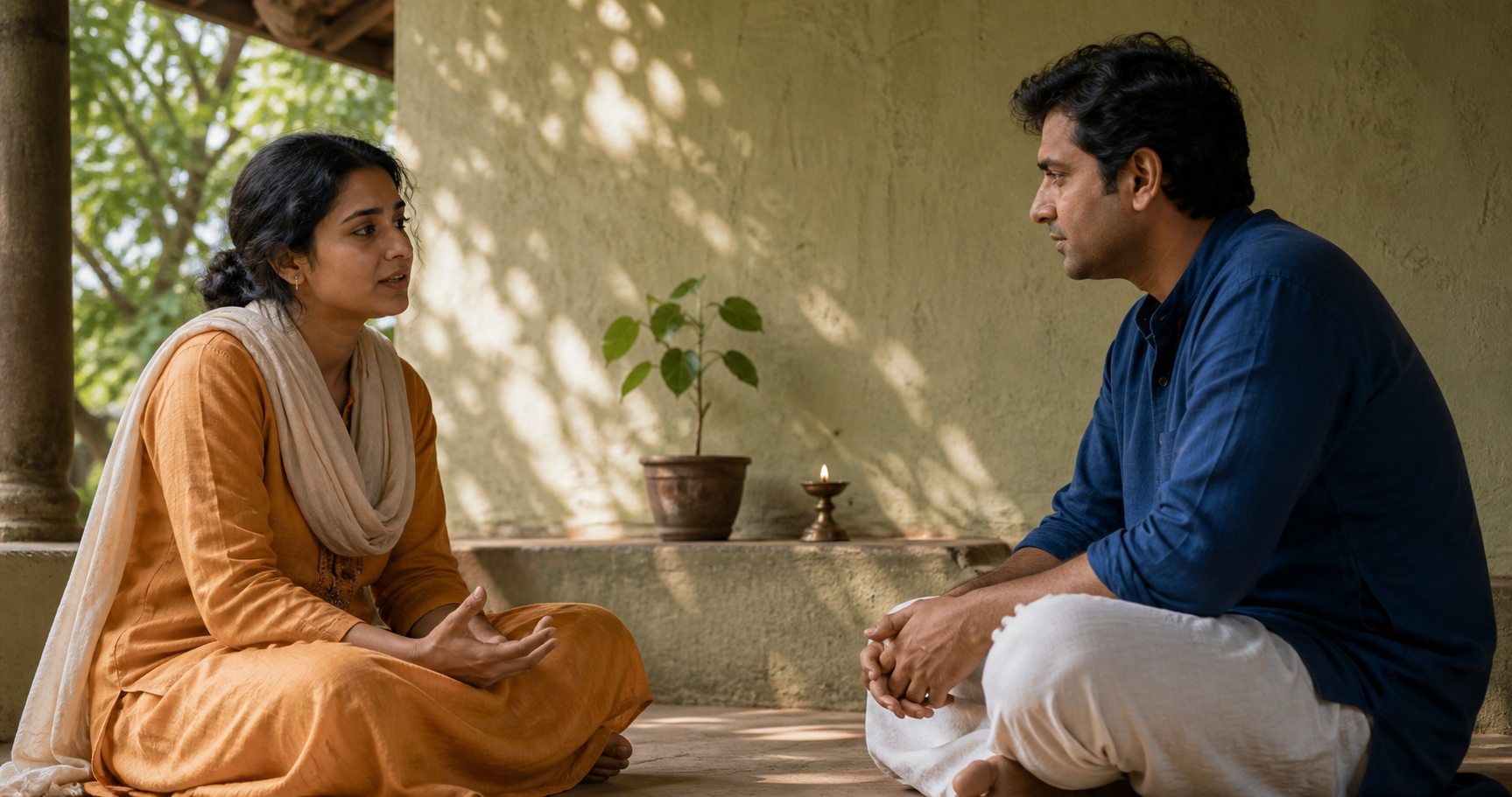 Two adults sit on a shaded veranda as one speaks and the other listens with an attentive gaze and open hands.