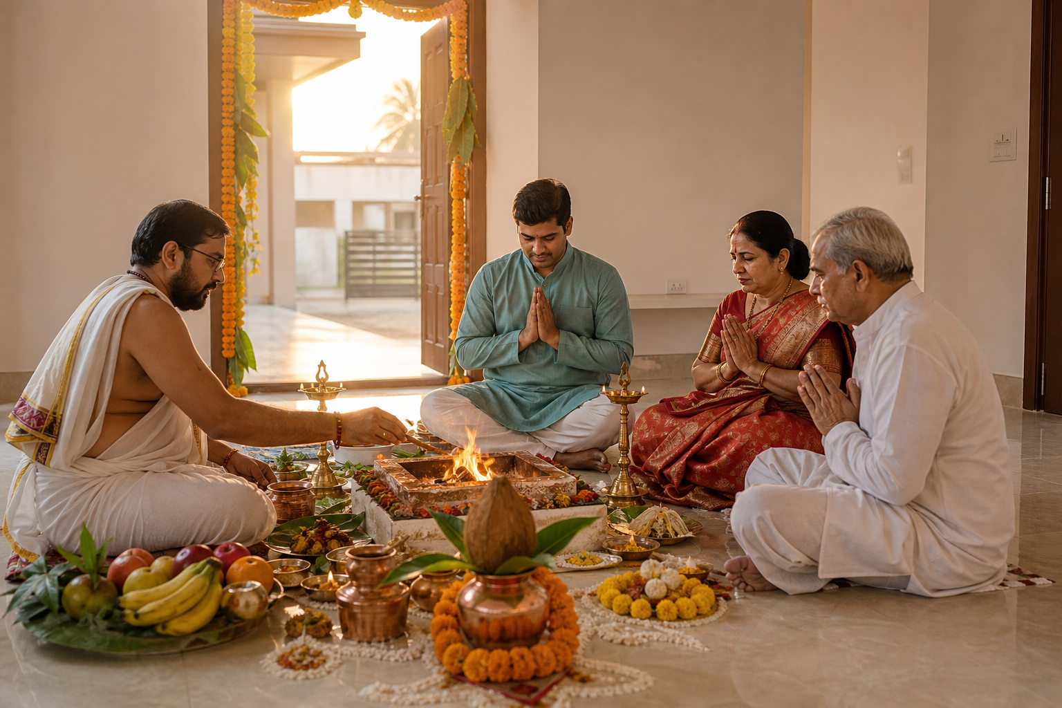 A family and Hindu priest sit around a small sacred fire with flowers, lamps, a kalasha, fruit, and ritual vessels in a new home.