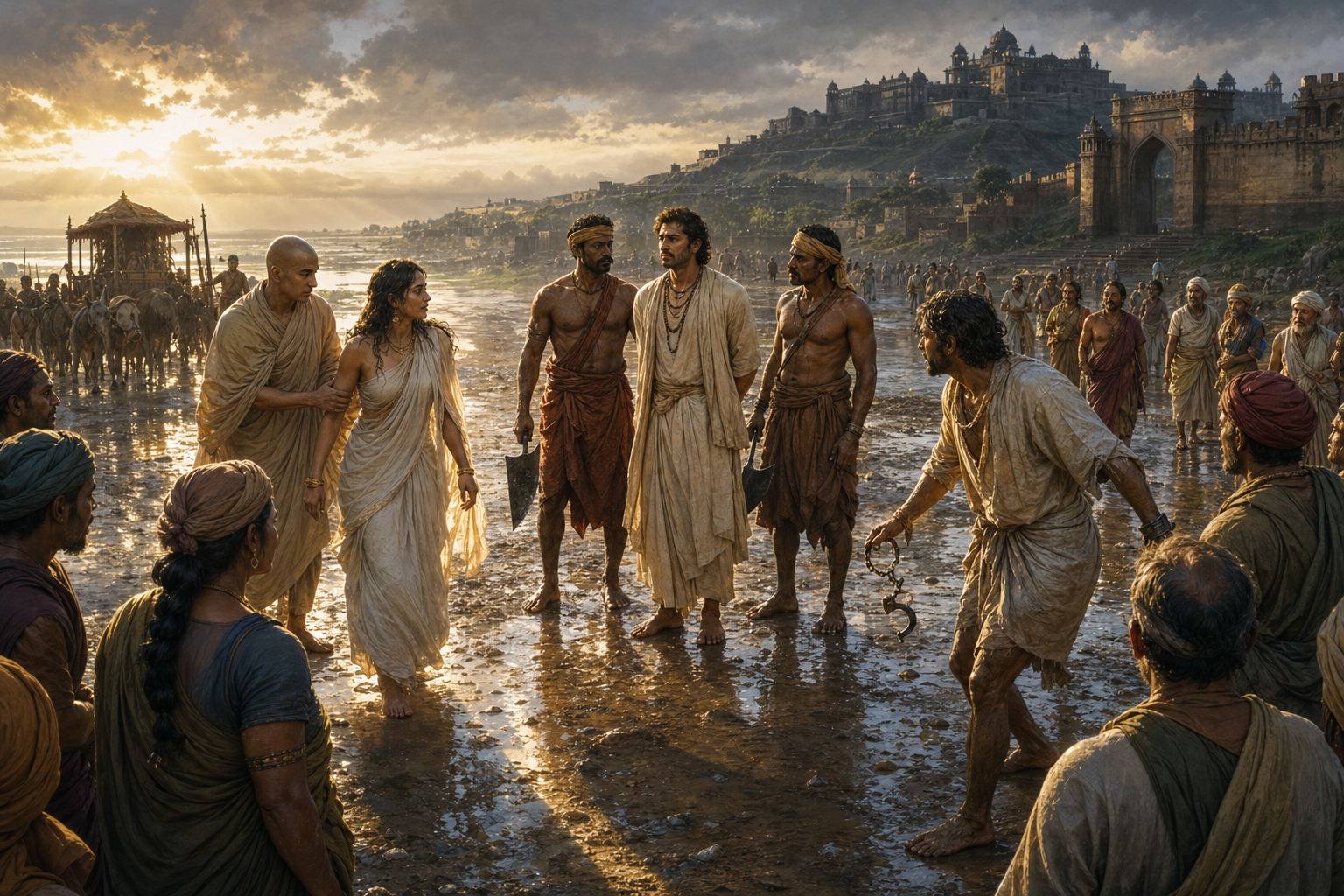 Outside an ancient city gate, a woman believed dead, a renunciant, and a servant with a broken shackle approach a condemned merchant and his hesitant executioners.