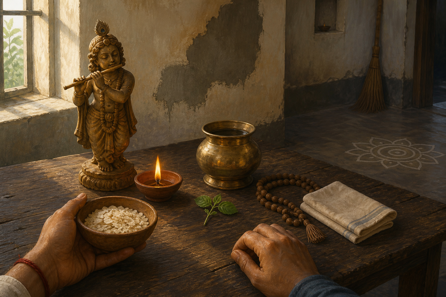 A modest bowl of flattened rice, prayer beads, a clay lamp, a water vessel, and a tulsi sprig are arranged before a small Krishna murti in a simple home.