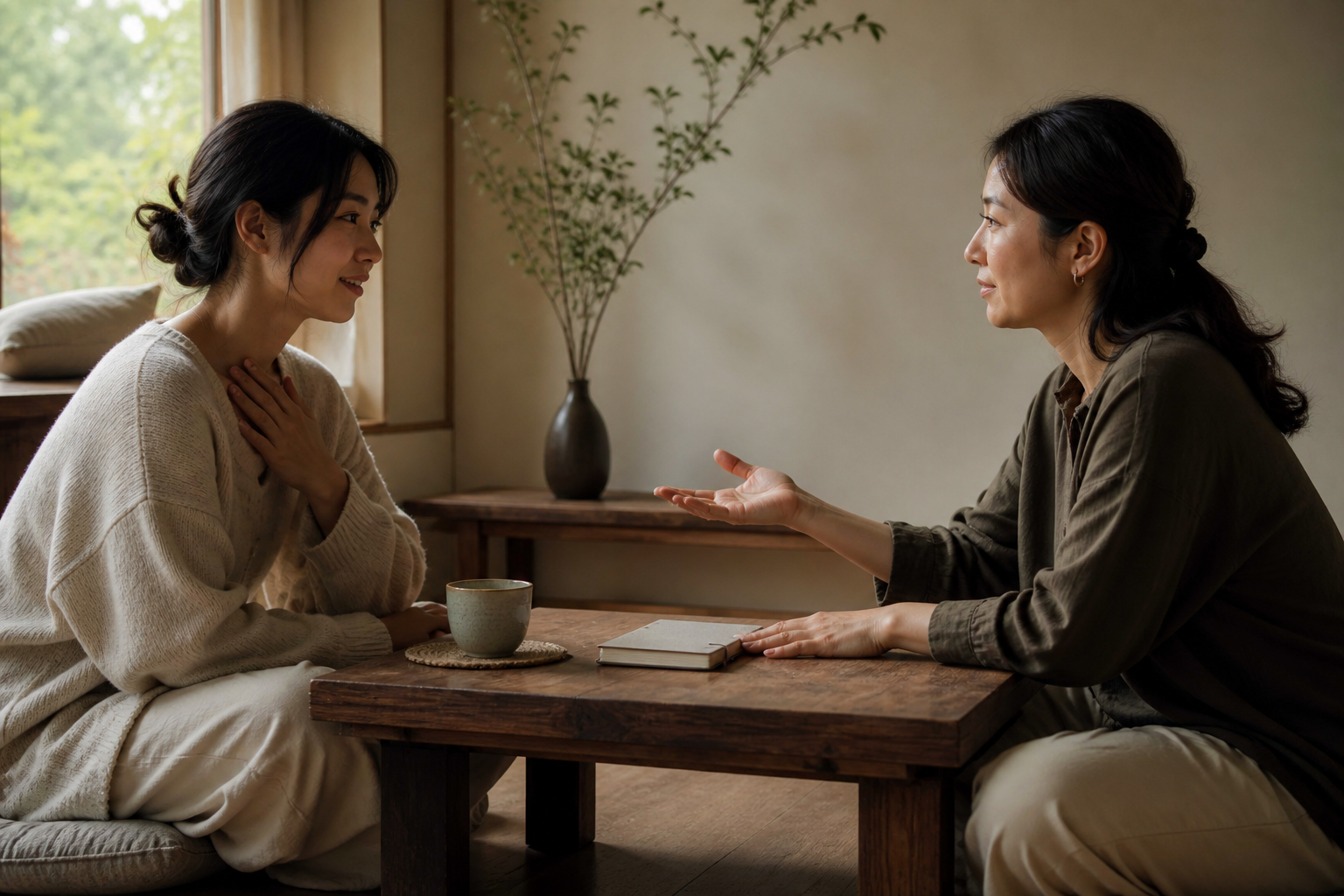 A listener pauses with an open hand while a friend considers how they want the conversation to continue.
