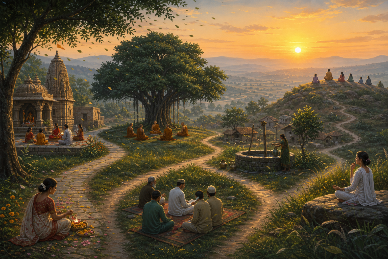 Separate paths lead to a temple courtyard, a monastic grove, a village well, and a hilltop as the same breeze moves through the landscape.