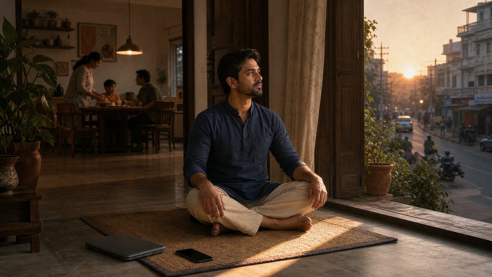 A calm Indian householder sits at a sunlit doorway with a phone and laptop nearby, while a family interior and city street frame the scene.
