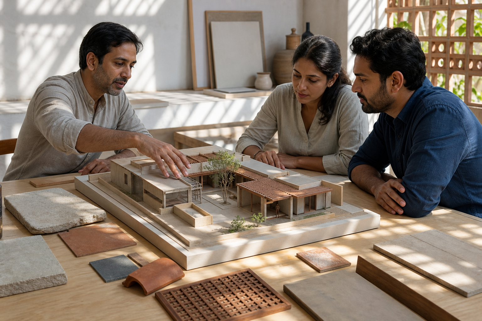 An architect and a couple examine a courtyard-house model beside samples of stone, wood, clay tile, and lime plaster.