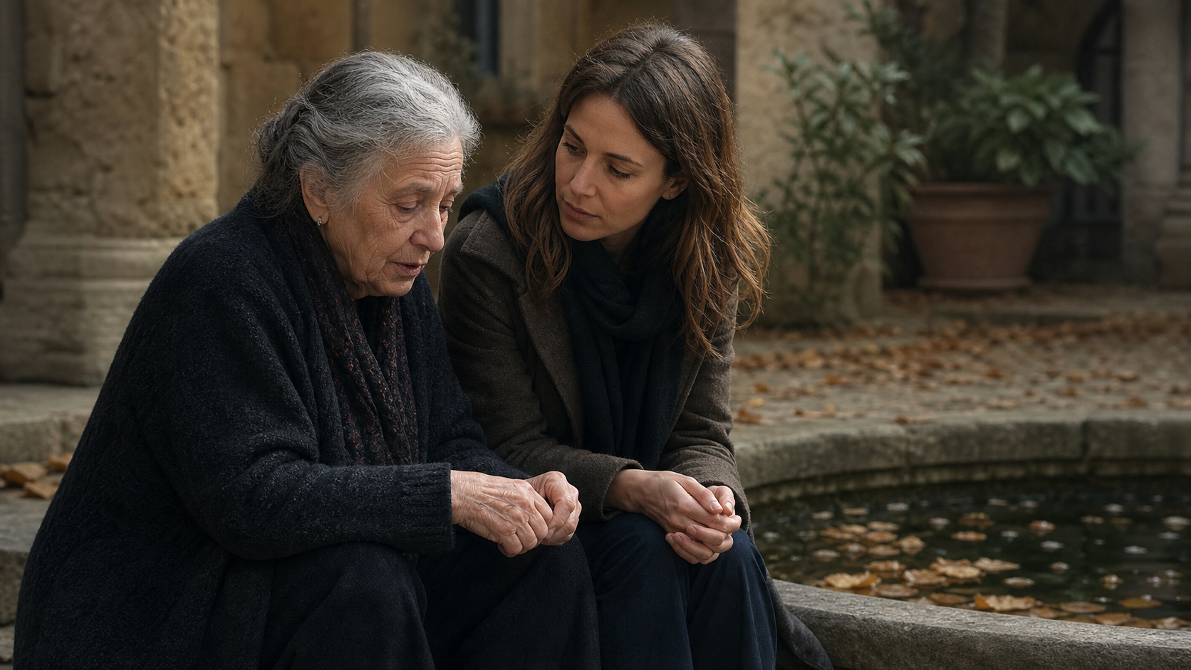 An older adult speaks with lowered eyes and clasped hands while a younger adult listens attentively in a quiet courtyard.