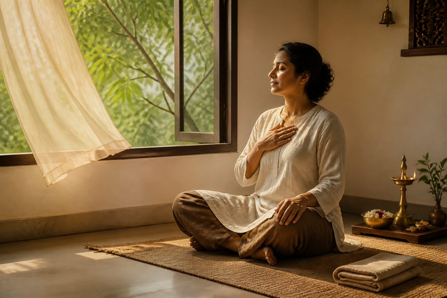 A person sits calmly on a woven mat beside an open window as dawn light, curtains, and leaves suggest a gentle morning breeze.