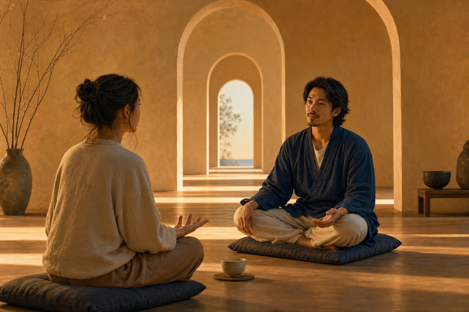 Two people sit on floor cushions in a quiet room, with one speaking and the other maintaining a calm, open listening posture.