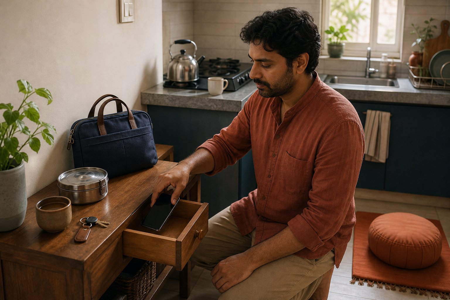 An adult places a smartphone in a kitchen drawer beside morning tea, a cushion, lunch container, keys, and a work bag.