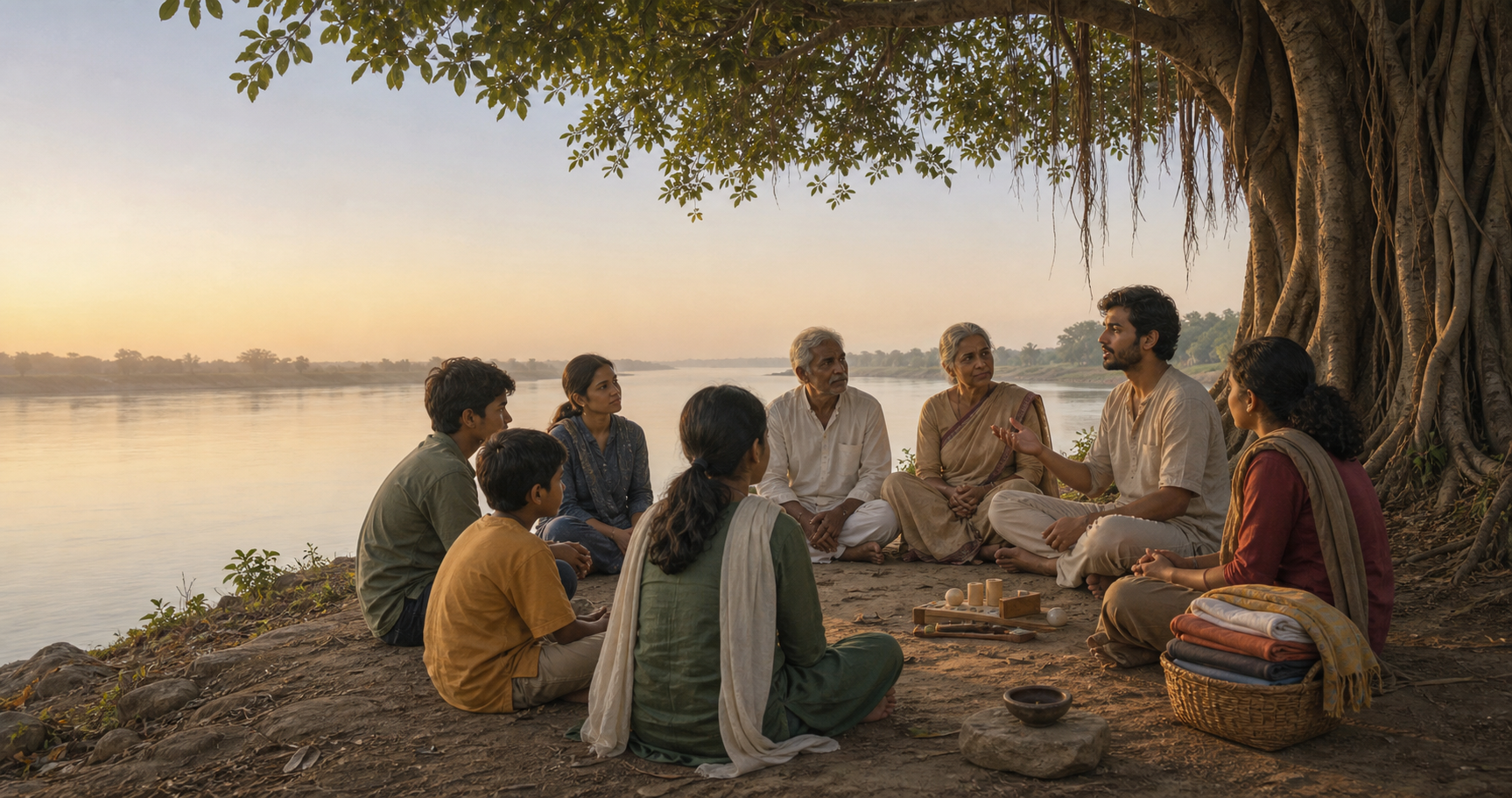 A multigenerational group listens to one speaker in a circle beneath a banyan tree beside a river at dawn.