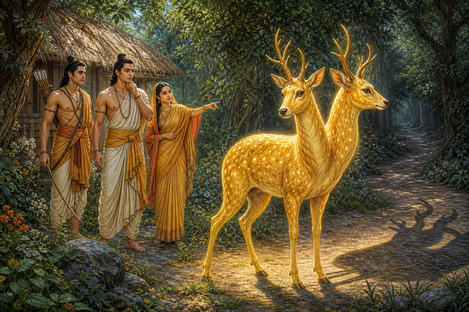 Sita, Rama, and Lakshmana stand together and observe a two-headed golden deer whose shadow hints at a concealed identity.