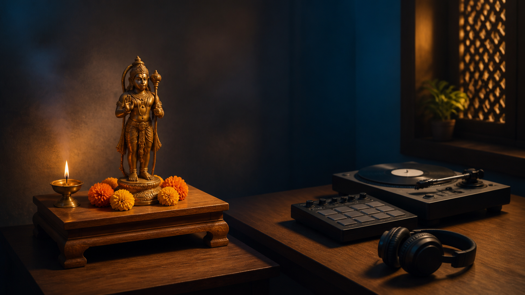 A bronze Hanuman murti on a raised altar with marigolds and an oil lamp beside a separate desk holding headphones, a beat sampler, and a turntable.