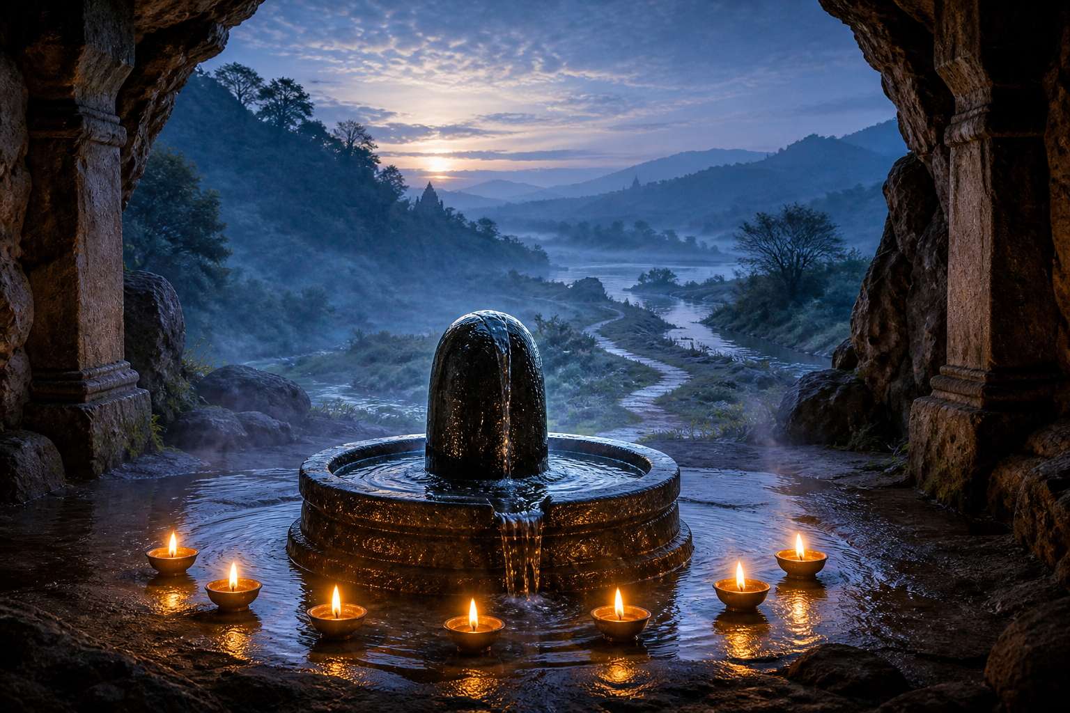 A naturally formed stone Shiva linga beside a spring, surrounded by eight oil lamps, with a pilgrimage path leading toward distant temples, hills, and a river at dawn.