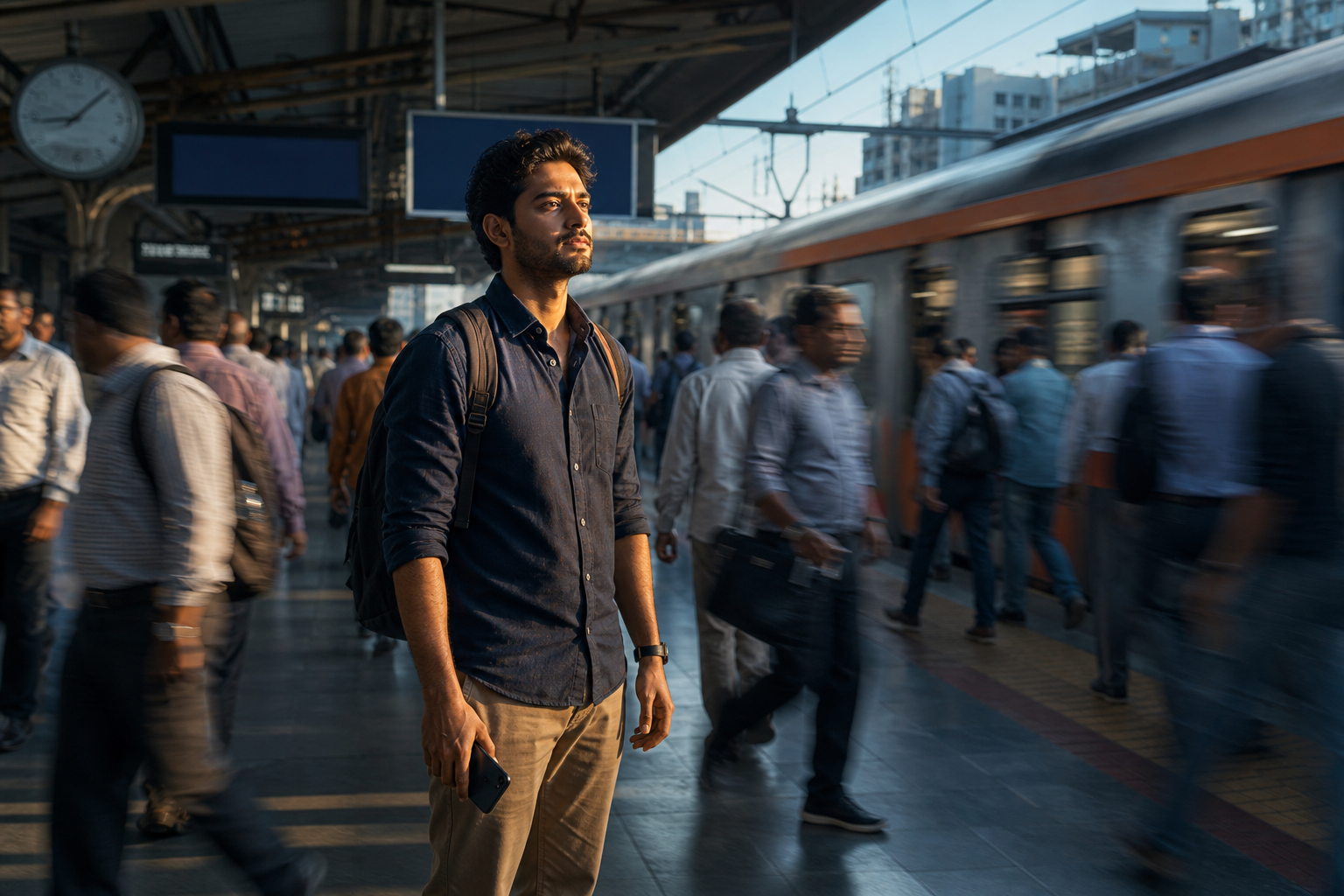 A focused commuter stands still with a phone lowered at their side as people and a train move around them on a busy platform.