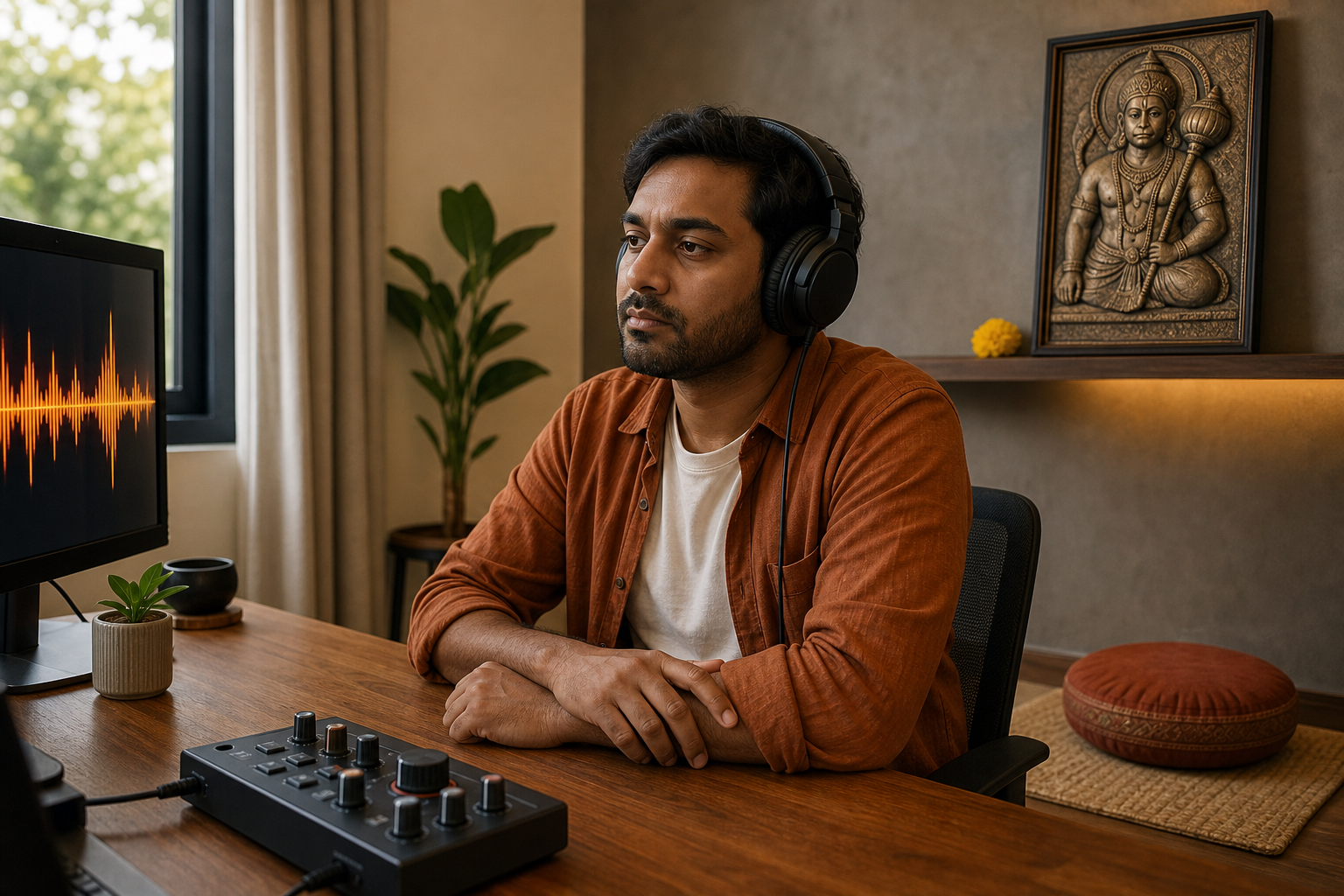 A thoughtful listener wearing studio headphones examines an audio mix near an elevated Hanuman relief, flowers, and a meditation cushion.