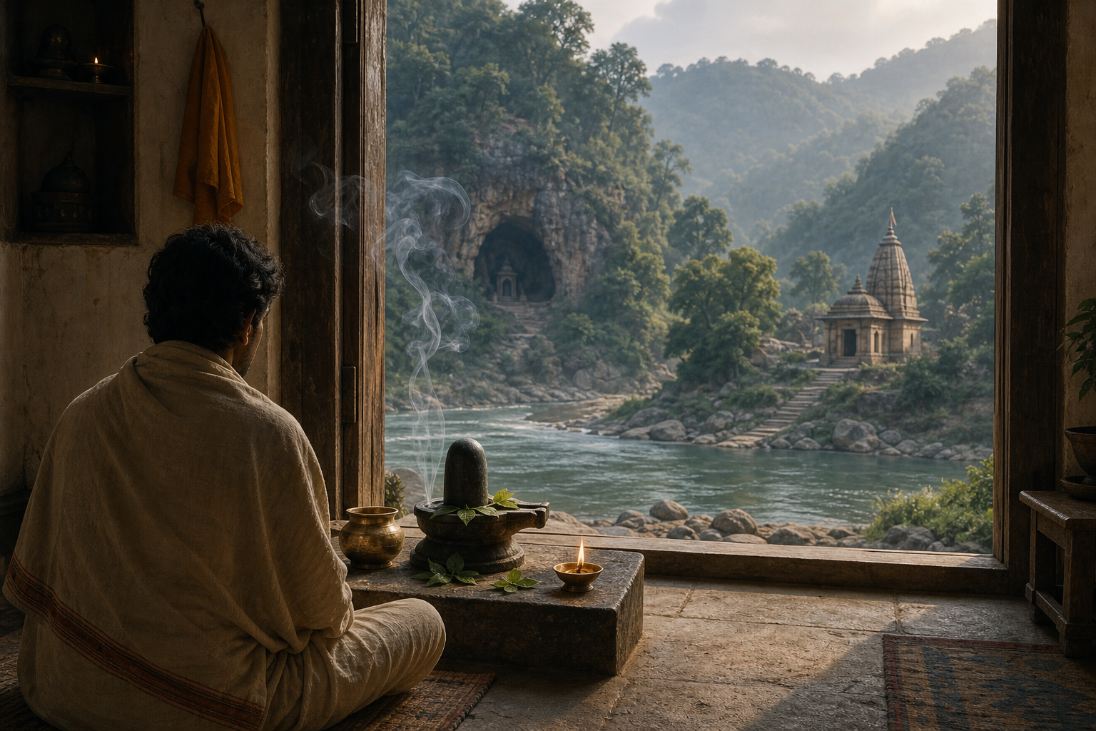 A devotee sits before a simple home shrine with a Shiva linga while an open doorway reveals a river, forested hills, a cave, and a distant temple.