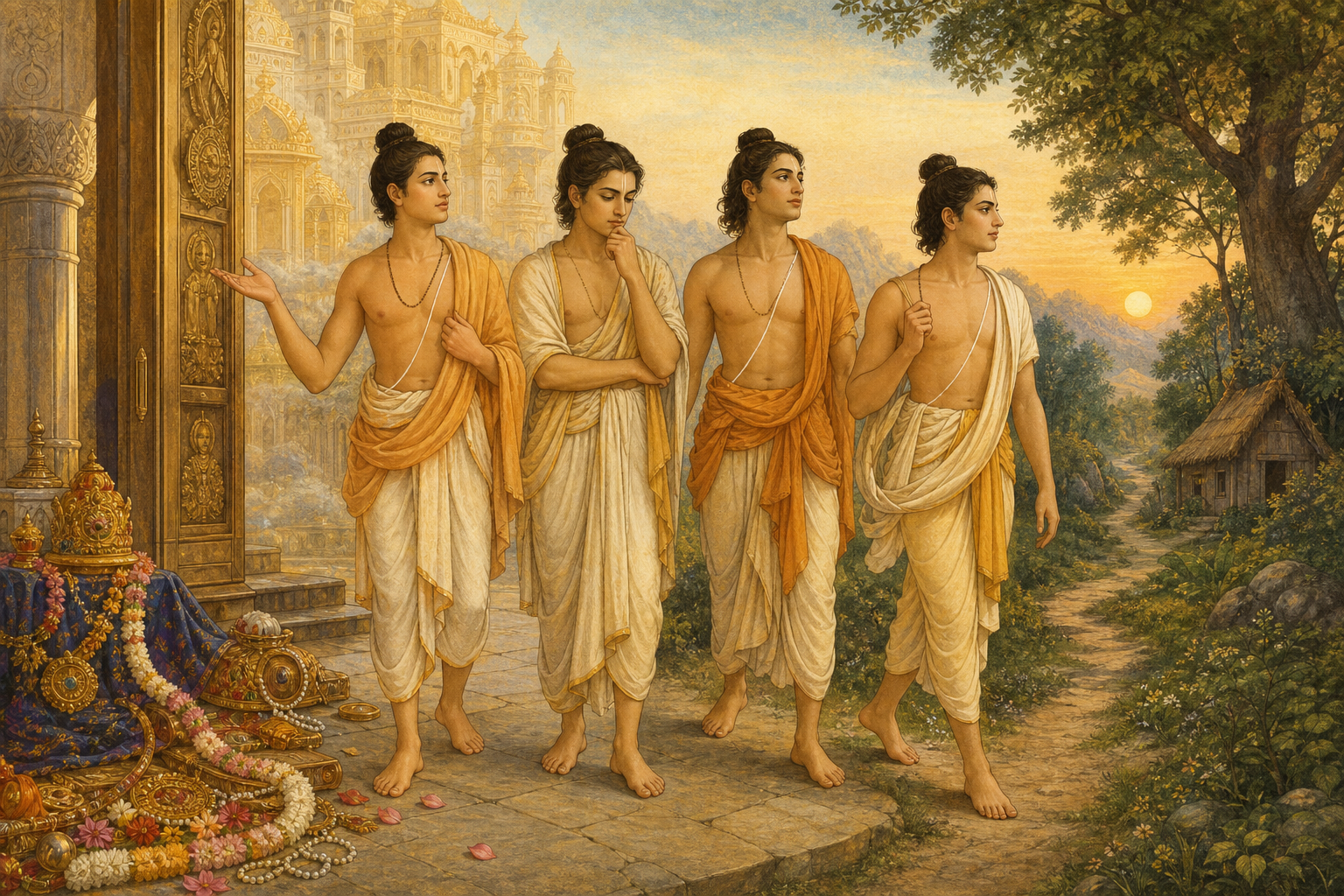 Four youthful Hindu sages in simple robes turn from a celestial palace toward a quiet forest path at dawn.