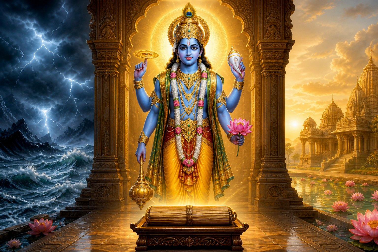 Lord Vishnu stands at a temple threshold holding a conch, discus, mace, and lotus, with an illuminated palm-leaf manuscript on a reading stand below him.