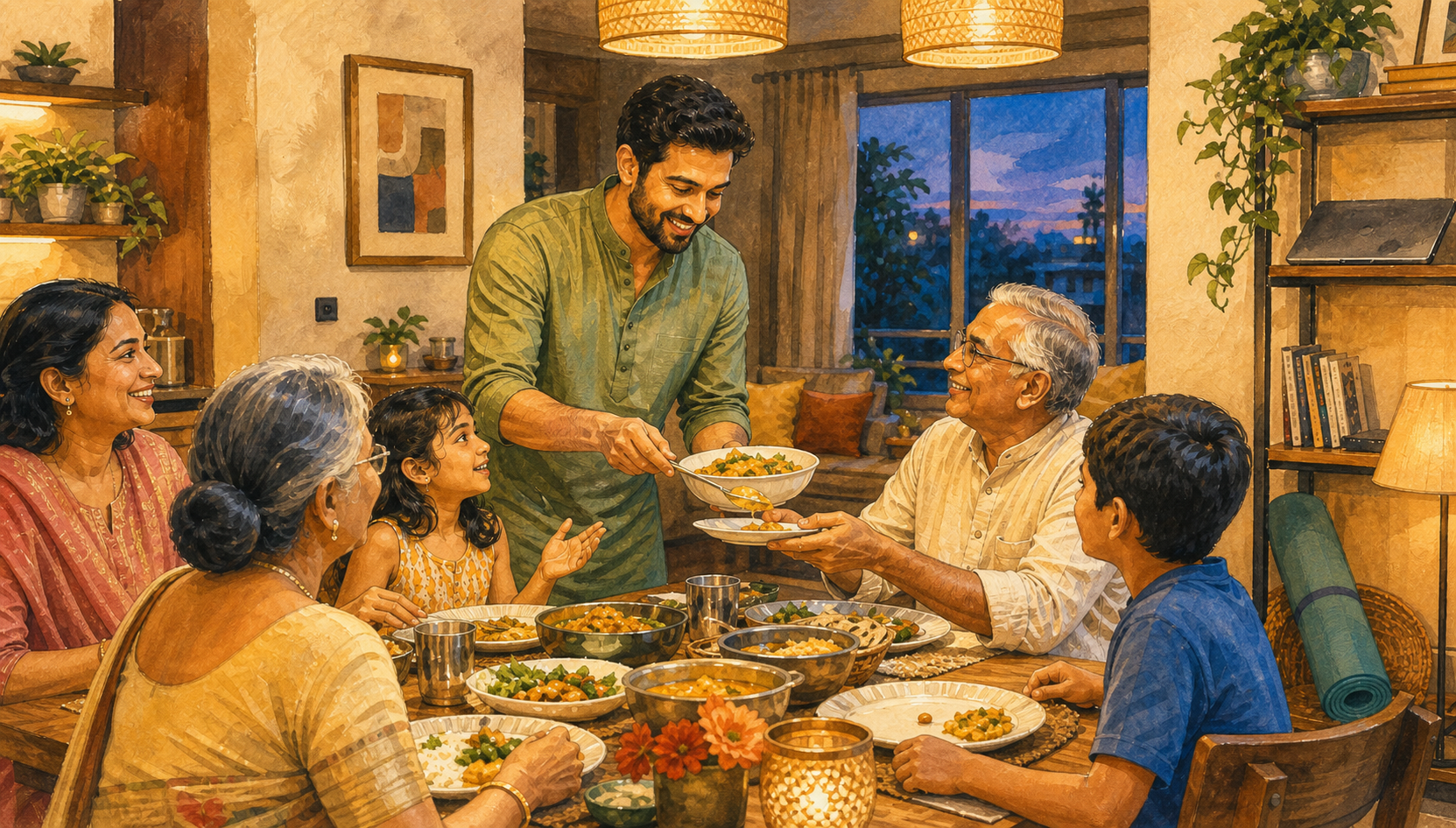 A multigenerational Indian family shares an evening meal while one adult serves an older relative and listens to a child.