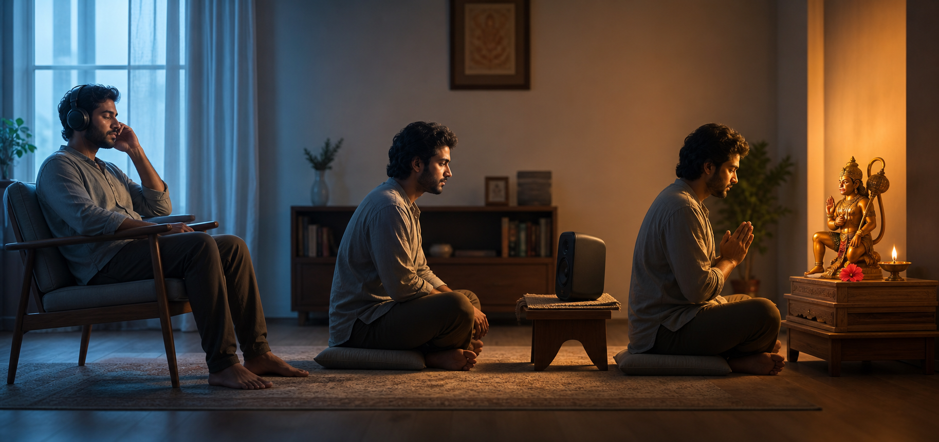 The same listener is shown moving from casual headphone listening to close attention and then quiet reflection before a raised Hanuman murti.