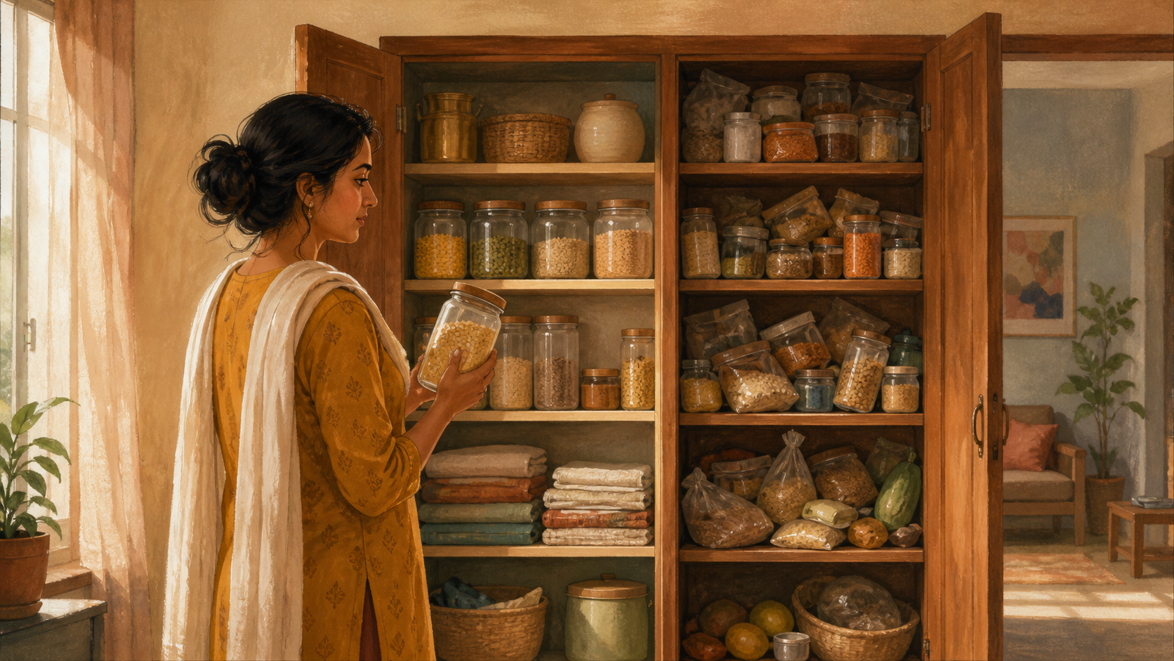 A person thoughtfully holds a jar beside an open cupboard containing orderly staples on one side and crowded duplicate supplies on the other.