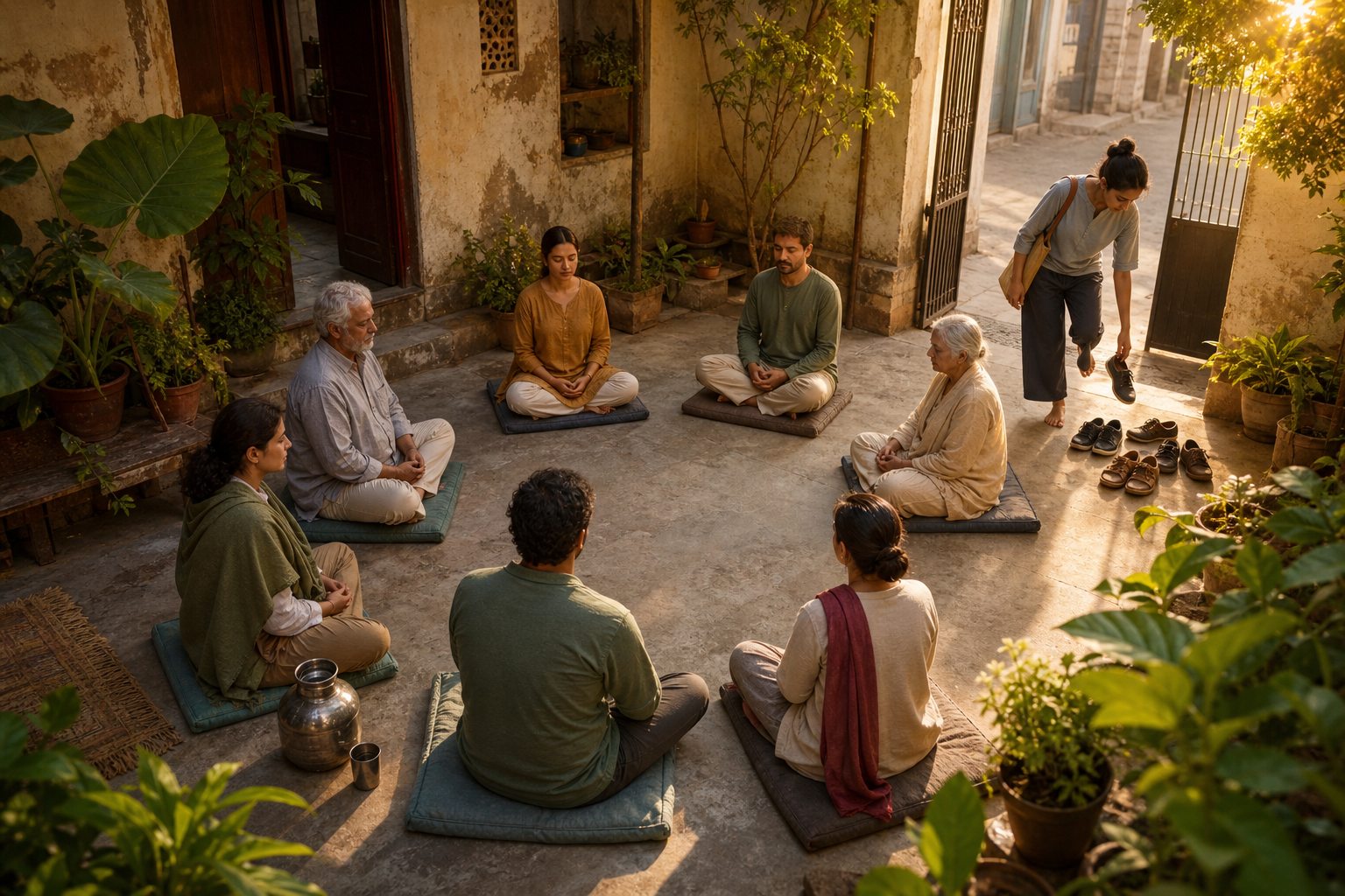 A multigenerational group gathers on cushions for morning meditation in a neighbourhood courtyard.