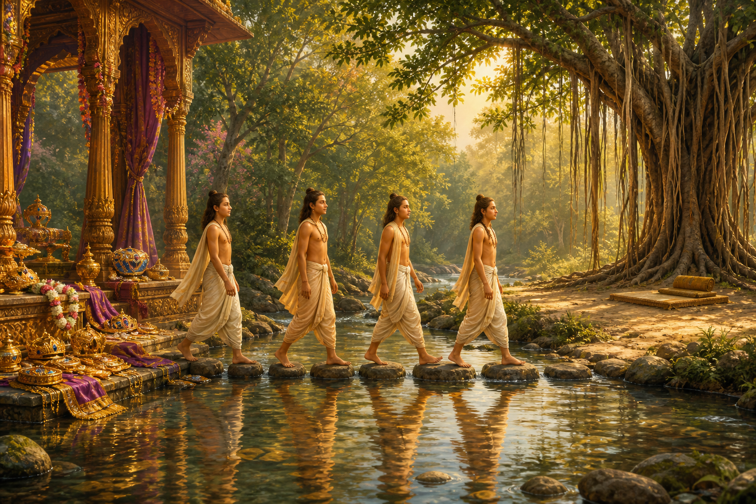 Four youthful sages cross a stream from an ornate pavilion toward a simple meditation place beneath a banyan tree.