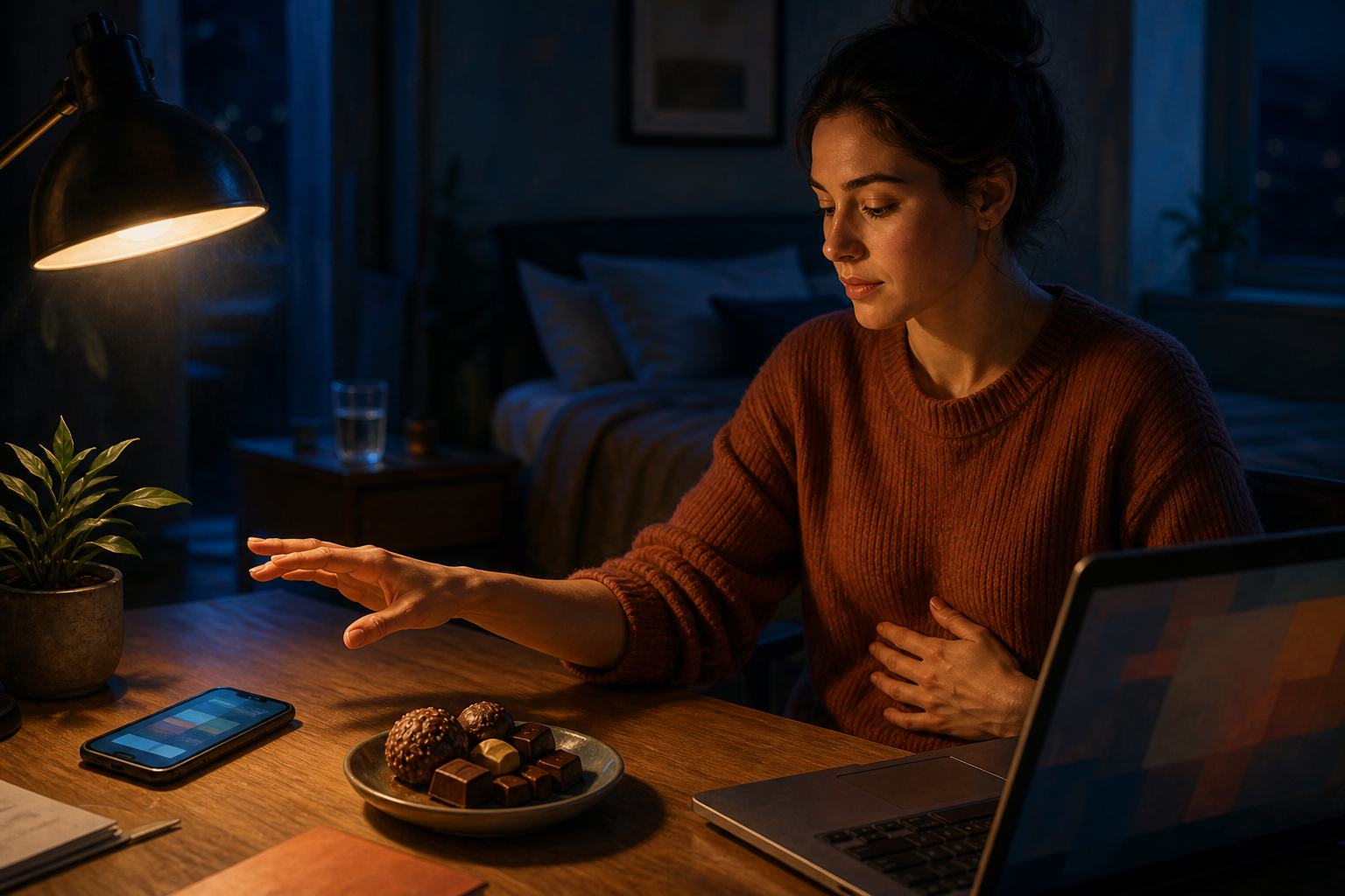An adult pauses at a late-night desk between a glowing phone, a plate of sweets, and a laptop while taking a slow breath.