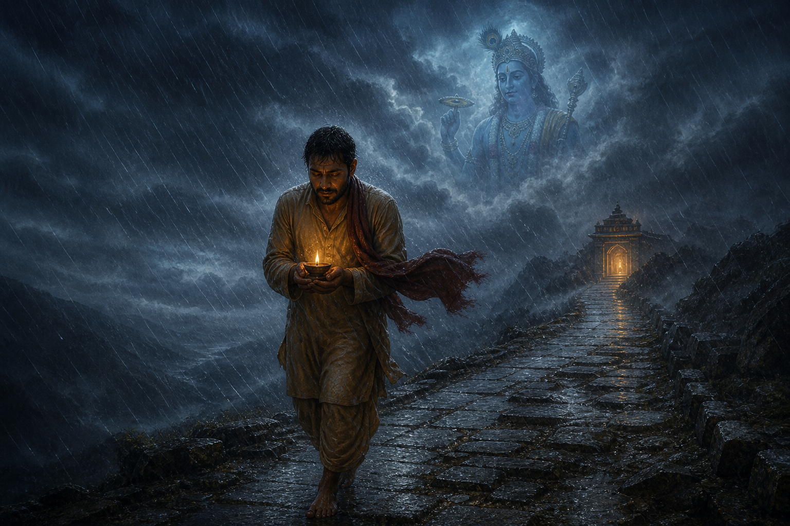 A devotee protects a glowing oil lamp while walking through wind and rain toward an illuminated temple, with a subtle image of Vishnu in the clouds.