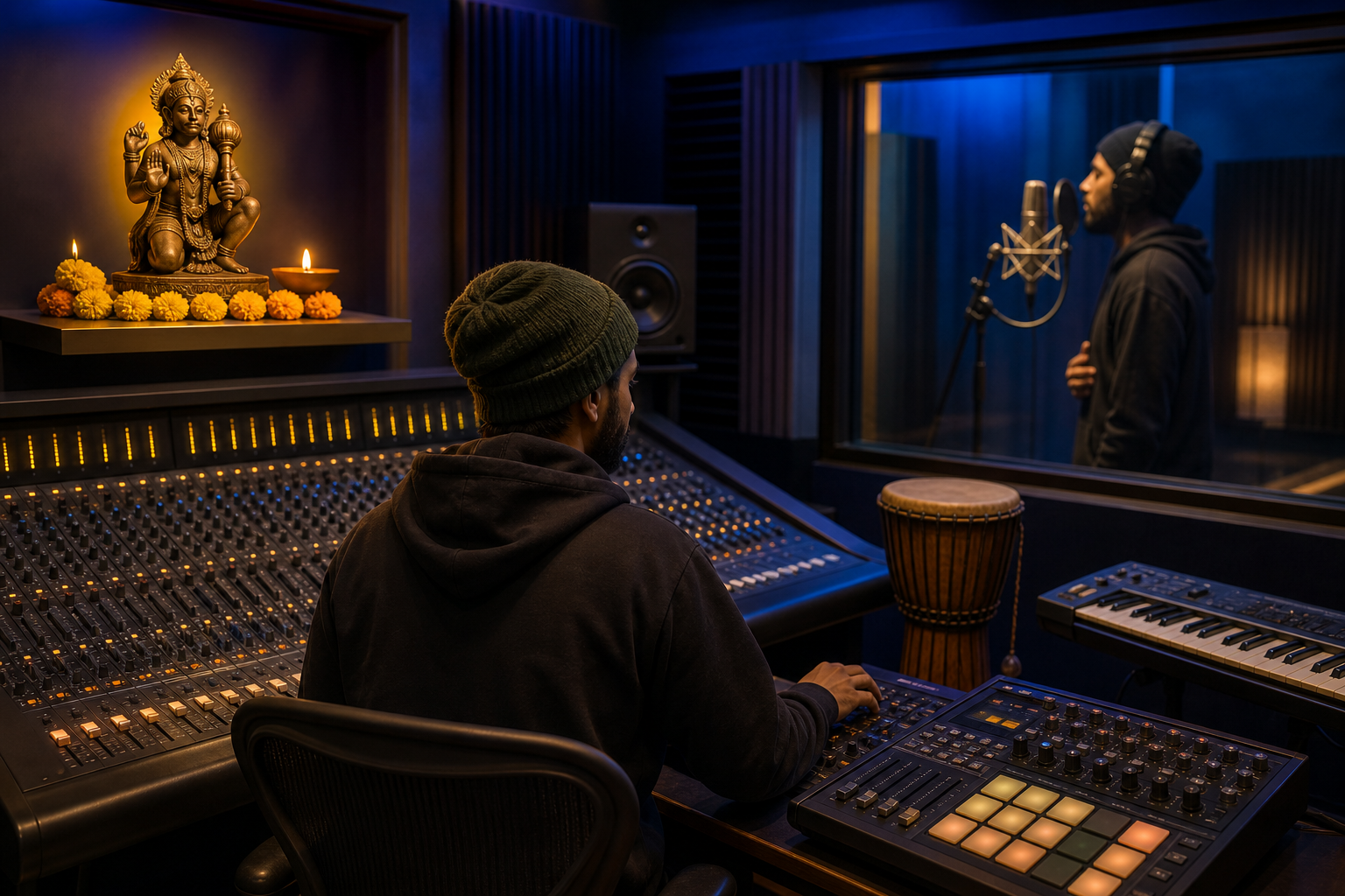 A producer adjusts a mixing console as a vocalist records in a booth, with an elevated Hanuman murti and marigold offering nearby.