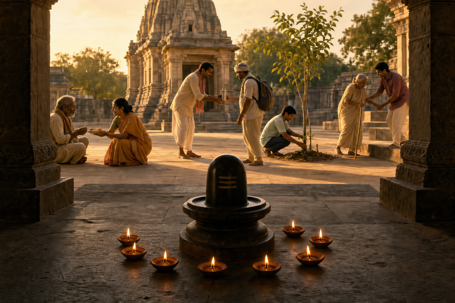 Eight oil lamps surround a Shiva linga in a temple courtyard as people share food, offer water, tend a tree, and assist an older pilgrim nearby.