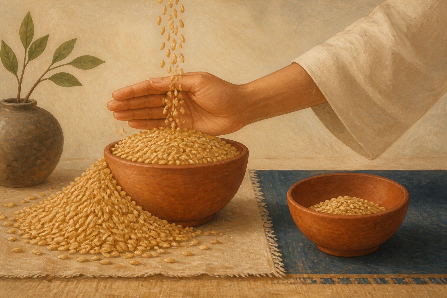 Grain overflows from a full earthen bowl as an open hand stops the flow beside a second bowl holding a sufficient portion.
