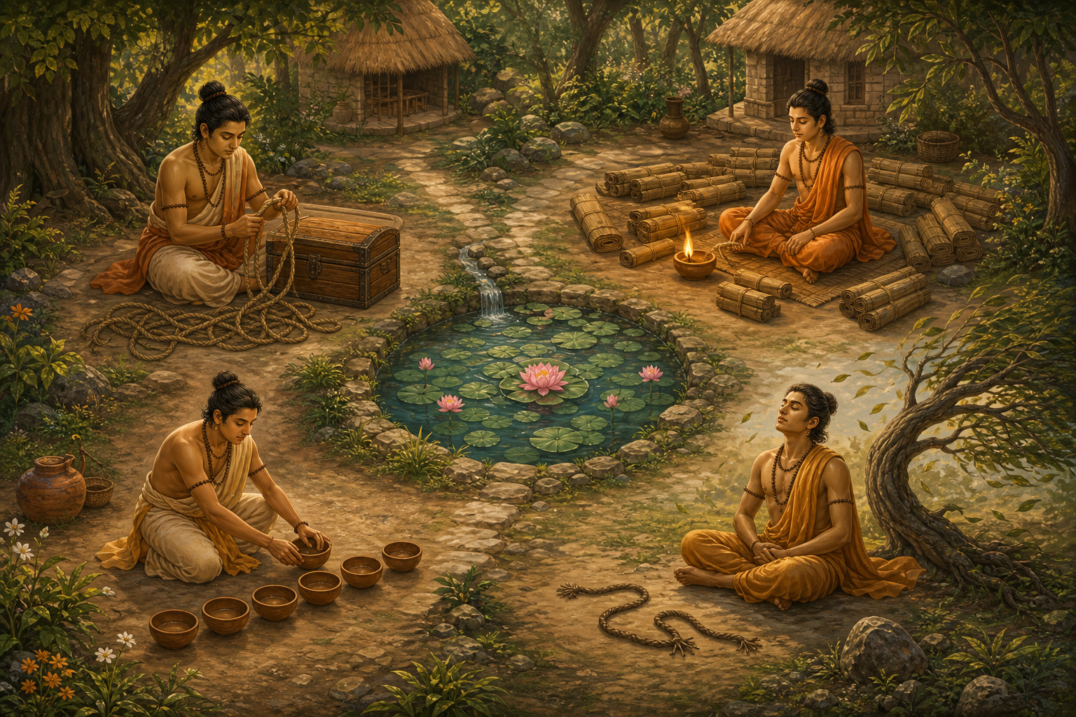 Four youthful sages in a forest hermitage untangle a cord, contemplate a lamp, sit calmly in strong wind, and arrange water bowls.