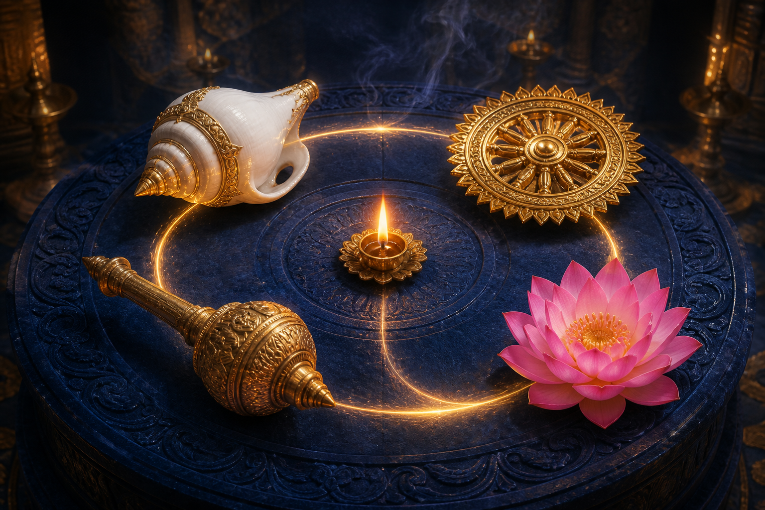 A conch, golden discus, ceremonial mace, and pink lotus are arranged around a central flame on a blue stone altar.